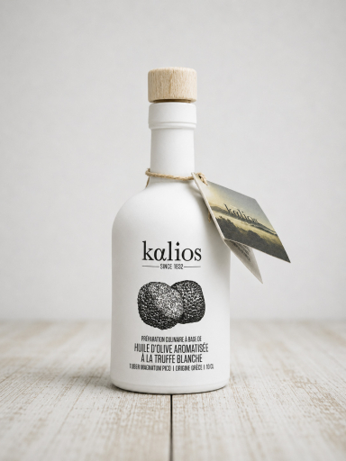 Kalios Trüffelöl 100 ml | Kalios Olivenöl mit weißem Trüffelaroma | Griechisches Trüffelöl von Kalios | Kalios Trüffelöl mit Tuber magnatum pico | Kalios Trüffelöl online kaufen